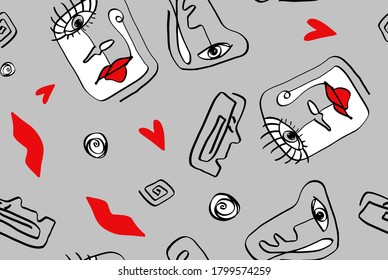 Abstract One Line Drawing Faces Masks Lips Hearts Geometric Circles Greek Keys Repeating Vector Upholstery Pattern with Isolated Background