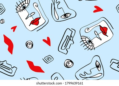 Abstract One Line Drawing Faces Masks Lips Hearts Geometric Circles Greek Keys Repeating Vector Upholstery Pattern with Isolated Background