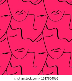Abstract One Line Drawing Faces Masks Repeating Vector Pattern with Isolated Background