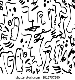 Abstract One Line Drawing Faces Masks and Geometric Shapes Repeating Vector Pattern with Isolated Background