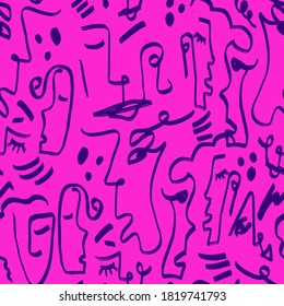 Abstract One Line Drawing Faces Masks and Geometric Shapes Repeating Vector Pattern with Isolated Background