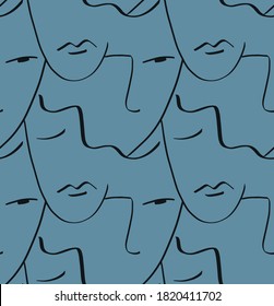 Abstract One Line Drawing Faces Masks Repeating Vector Pattern with Isolated Background