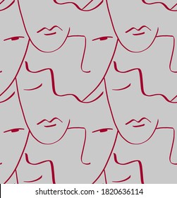 Abstract One Line Drawing Faces Masks Repeating Vector Pattern with Isolated Background
