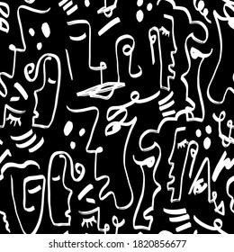 Abstract One Line Drawing Faces Masks and Geometric Shapes Repeating Vector Pattern with Isolated Background