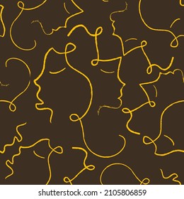 Abstract One Line Drawing Faces Repeating Vector Pattern with Isolated Background