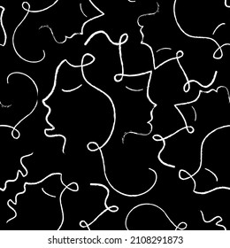 Abstract One Line Drawing Faces Repeating Vector Pattern with Isolated Background