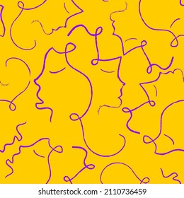 Abstract One Line Drawing Faces Repeating Vector Pattern with Isolated Background