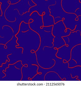 Abstract One Line Drawing Faces Repeating Vector Pattern with Isolated Background