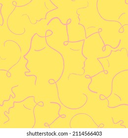 Abstract One Line Drawing Faces Repeating Vector Pattern and Isolated Background