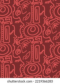 Abstract One Line Drawing Faces Masks and Geometric Shapes Repeating Vector Pattern with Isolated Background