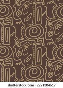 Abstract One Line Drawing Faces Masks and Geometric Shapes Repeating Vector Pattern with Isolated Background