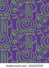 Abstract One Line Drawing Faces Masks and Geometric Shapes Repeating Vector Pattern with Isolated Background