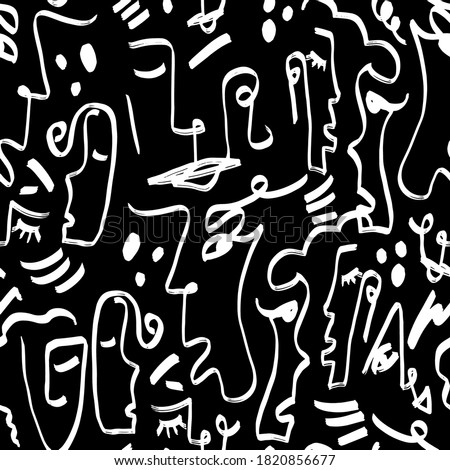 Abstract One Line Drawing Faces Masks and Geometric Shapes Repeating Vector Pattern with Isolated Background