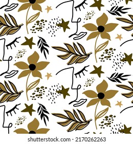 Abstract One Line Drawing Girl Faces Flowers Stars and Leaves Seamless Vector Pattern Isolated Background