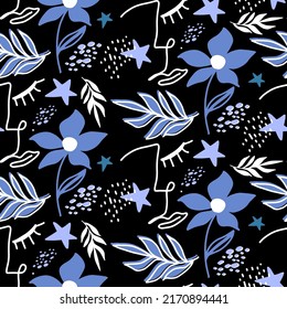 Abstract One Line Drawing Girl Faces Flowers Stars and Leaves Seamless Vector Pattern Isolated Background