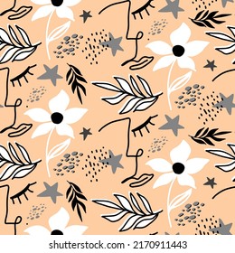 Abstract One Line Drawing Girl Faces Flowers Stars and Leaves Seamless Vector Pattern Isolated Background