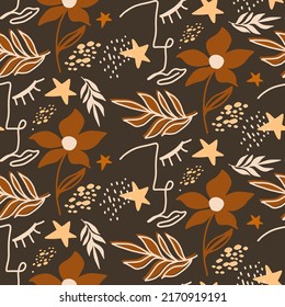 Abstract One Line Drawing Girl Faces Flowers Stars and Leaves Seamless Vector Pattern Isolated Background