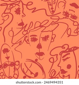 Abstract One Line Drawing Graffiti Women Faces Portraits Swirls Seamless Vector Pattern Isolated Background	
