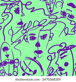 Abstract One Line Drawing Graffiti Women Faces Portraits Swirls Seamless Vector Pattern Isolated Background	
