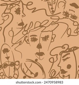 Abstract One Line Drawing Graffiti Women Faces Portraits Swirls Seamless Vector Pattern Isolated Background	
