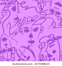 Abstract One Line Drawing Graffiti Women Faces Portraits Swirls Seamless Vector Pattern Isolated Background	
