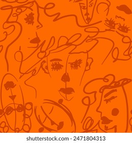Abstract One Line Drawing Graffiti Women Faces Portraits Swirls Seamless Vector Pattern Isolated Background	
