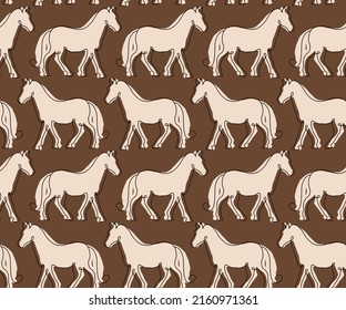 Abstract One Line Drawing Horses with Shadows Seamless Vector Pattern Isolated Background