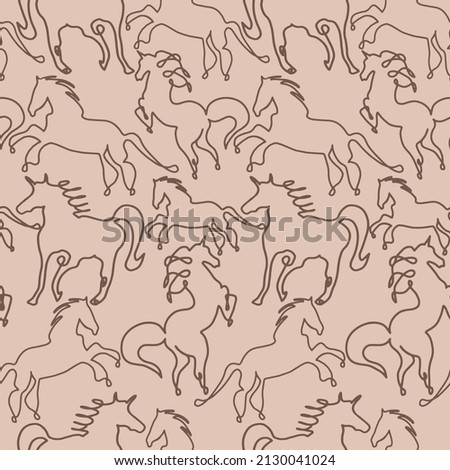Abstract One Line Drawing Horses Seamless Vector Pattern Isolated Background