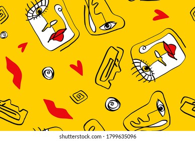 Abstract One Line Drawing of Masked Faces, Lips, Hearts, Geometric Circles, Greek Keys Repeating Vector Upholstery Pattern with Isolated Background