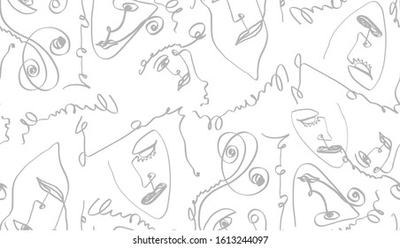 Abstract One Line Drawing Masks and Faces Repeating Vector Design Isolated Background