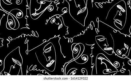 Abstract One Line Drawing Masks   Faces Repeating Vector Design Isolated Background