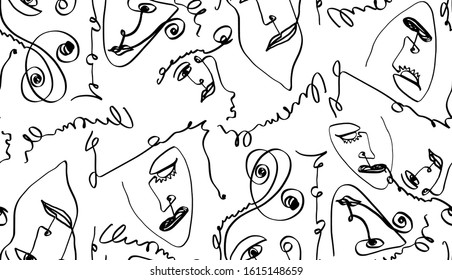 Abstract One Line Drawing Masks and Faces Repeating Vector Design Isolated Background