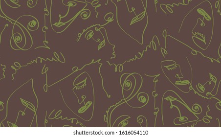 Abstract One Line Drawing Masks and Faces Repeating Vector Design Isolated Background