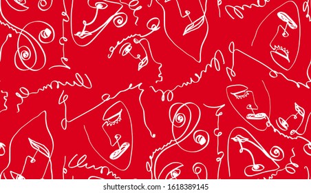 Abstract One Line Drawing Masks and Faces Repeating Vector Design Isolated Background