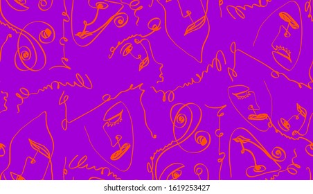 Abstract One Line Drawing Masks and Faces Repeating Vector Design Isolated Background