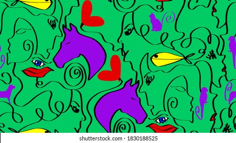 Abstract One Line Drawing Mix Animals Hearts Lips Eyes and Woman Faces Repeating Vector Pattern Isolated Background