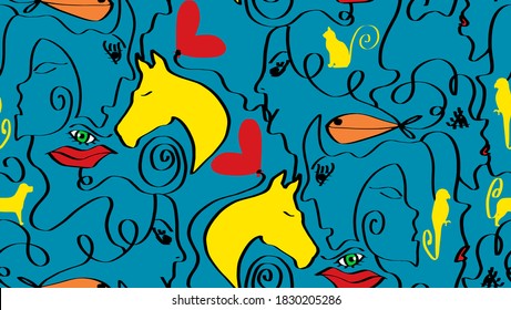 Abstract One Line Drawing Mix Animals Hearts Lips Eyes and Woman Faces Repeating Vector Pattern Isolated Background