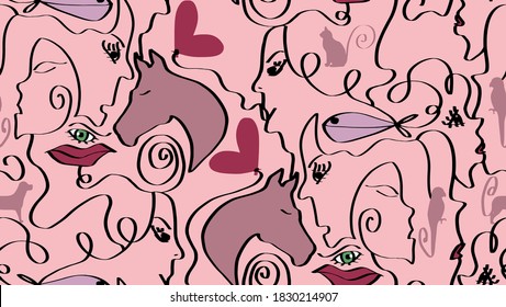 Abstract One Line Drawing Mix Animals Hearts Lips Eyes and Woman Faces Repeating Vector Pattern Isolated Background