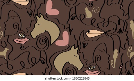 Abstract One Line Drawing Mix Animals Hearts Lips Eyes and Woman Faces Repeating Vector Pattern Isolated Background