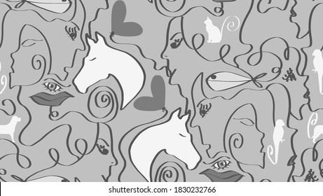 Abstract One Line Drawing Mix Animals Hearts Lips Eyes and Woman Faces Repeating Vector Pattern Isolated Background