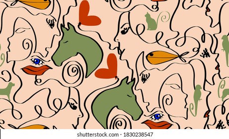 Abstract One Line Drawing Mix Animals Hearts Lips Eyes and Woman Faces Repeating Vector Pattern Isolated Background