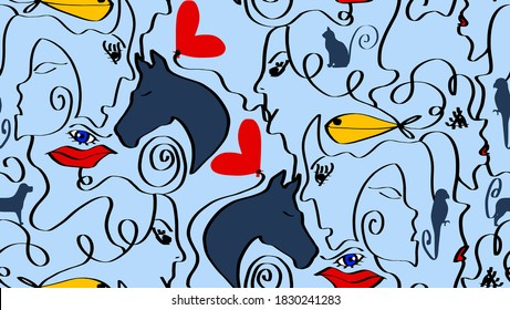 Abstract One Line Drawing Mix Animals Hearts Lips Eyes and Woman Faces Repeating Vector Pattern Isolated Background