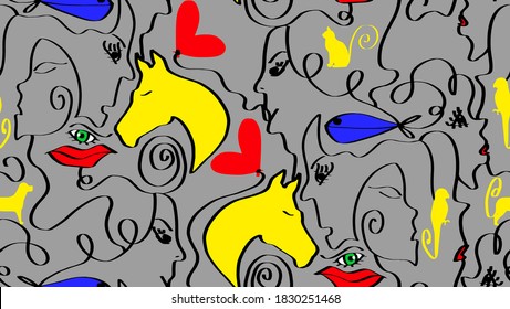 Abstract One Line Drawing Mix Animals Hearts Lips Eyes and Woman Faces Repeating Vector Pattern Isolated Background