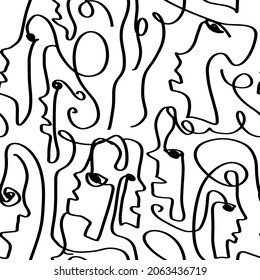 Abstract One Line Drawing People Faces Masks Seamless Vector Pattern Isolated Background