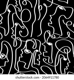 Abstract One Line Drawing People Faces Masks Seamless Vector Pattern Isolated Background
