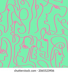 Abstract One Line Drawing People Faces Masks Seamless Vector Pattern Isolated Background