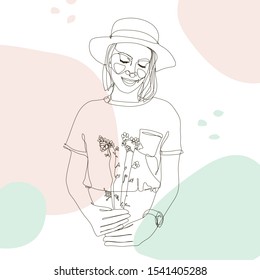 Abstract one line drawing portrait a woman with flower in modern style. Hand drawn vector illustration for your contemporary fashion design, banner, template.