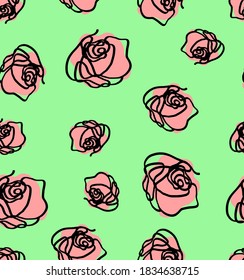 Abstract One Line Drawing Roses Repeating Vector Pattern Isolated Background