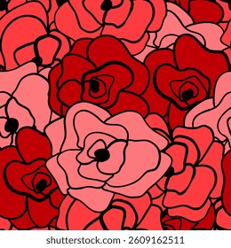 Abstract One Line Drawing Three Colors Romantic Lace Rose Flowers Seamless Vector Pattern Isolated Background