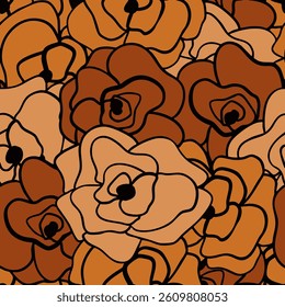 Abstract One Line Drawing Three Colors Romantic Lace Rose Flowers Seamless Vector Pattern Isolated Background